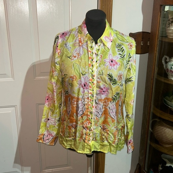 Sigrid Olsen Pink Yellow 100% Silk Long Sleeve Button Down Top Size Medium - Picture 1 of 5